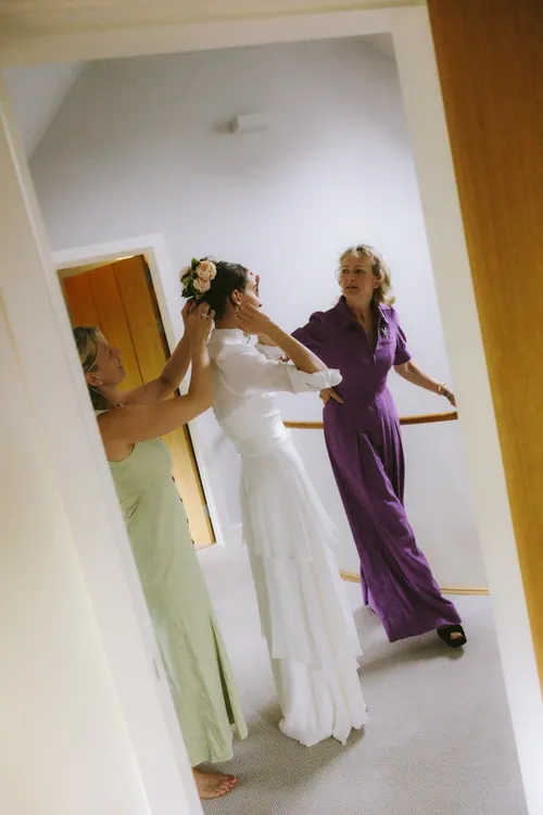 Wedding morning preparations with the bride and stylist